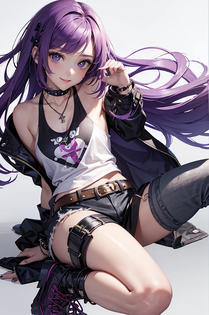 Best Quality,High resolution,8k,(plain white background, no patterns, no textures, just a plain white background:1.3),Masterpiece:1.2),beautiful girl,Shiny purple hair,(bob cut),Beautiful purple eyes,A teenage girl in a vibrant, oversized graphic tee or tank top featuring a bold cross design with punk rock elements, such as chains or studs. She is wearing high-waisted, slightly oversized long pants in a bright color or with a punk-inspired pattern, like plaid. Footwear includes chunky combat boots or high-top sneakers with metal accents. Accessories include a studded belt, a cross pendant necklace, and spiked bracelets,Gentle look,A refreshing look,smile,Best quality,Best Quality,Aesthetic and aesthetic:1.2,Best details((Super detailed))(High-definition CG illustrations),Slender body,smile,blush,cute,Scrounge,Looking up,Being spoiled,super model