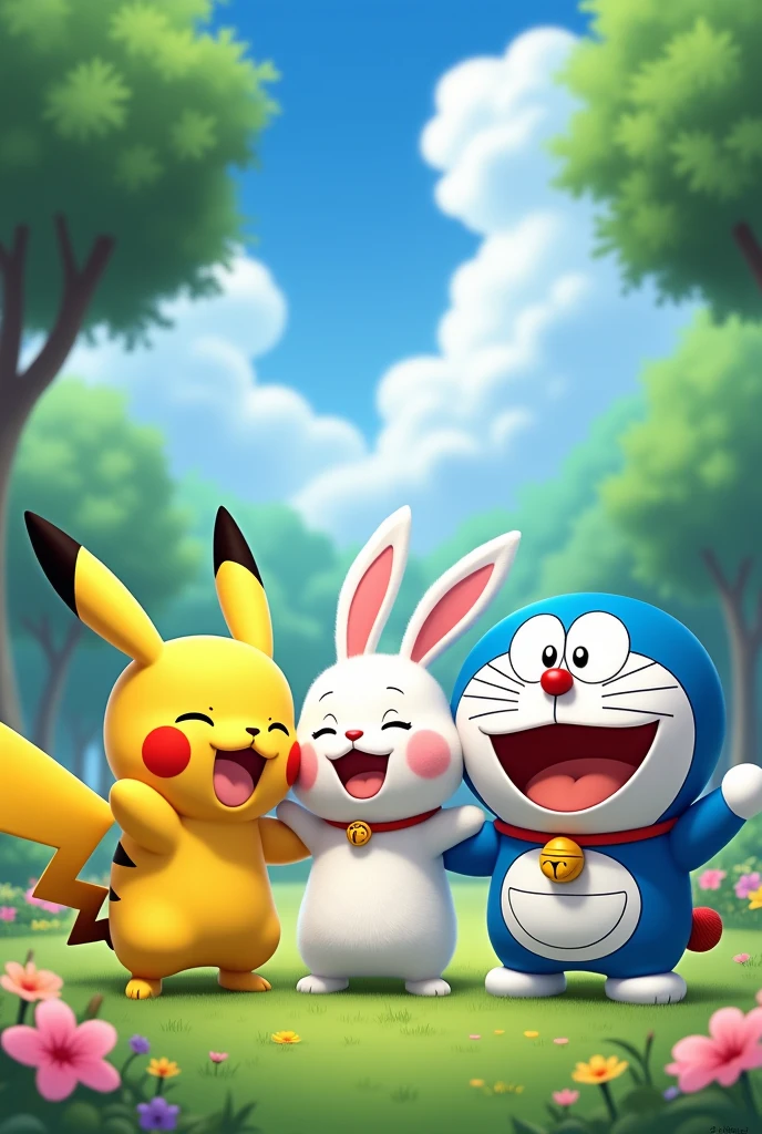 Pikachu from Pokemon and 
Snowball form secret of pets life.
And Doraemon as 3 are best friends and smiling 
