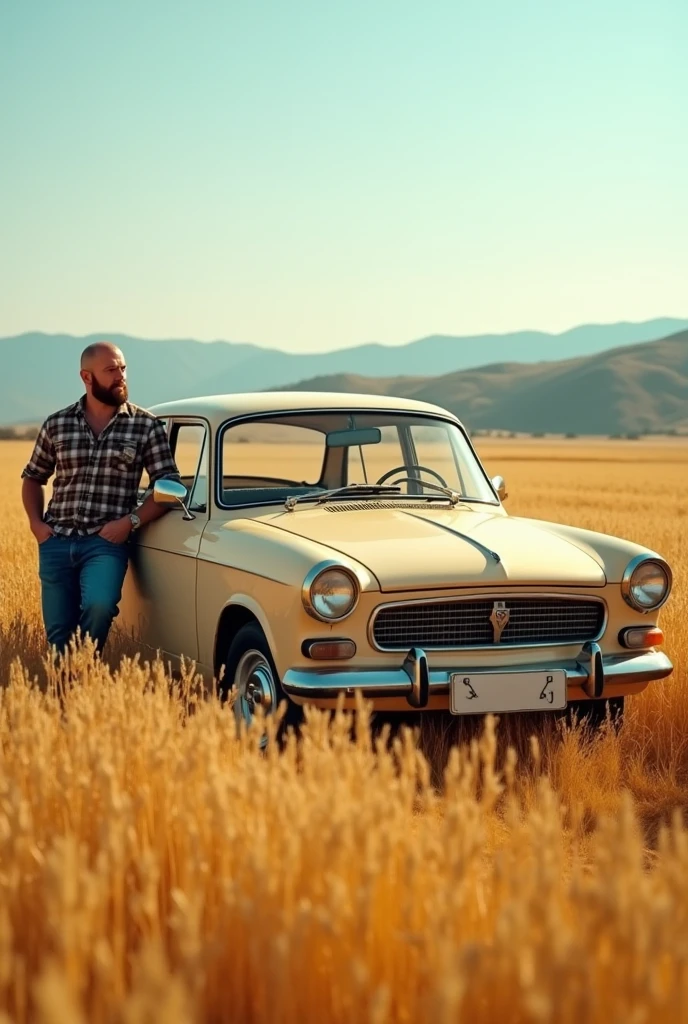 Lada 2109 beige color, in a wheat field, next to a bald man