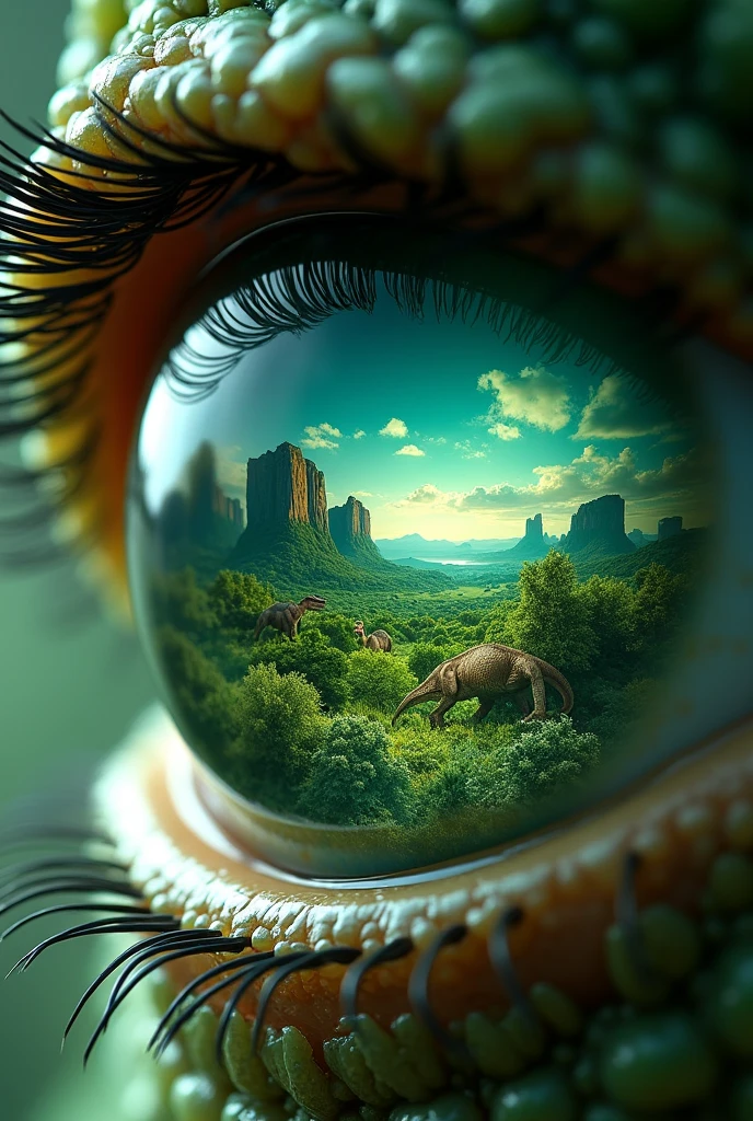 Close-up of a green eye, highly detailed iris, reflection of an ancient landscape with dinosaurs, The best quality, 8k, ultra realistic. 