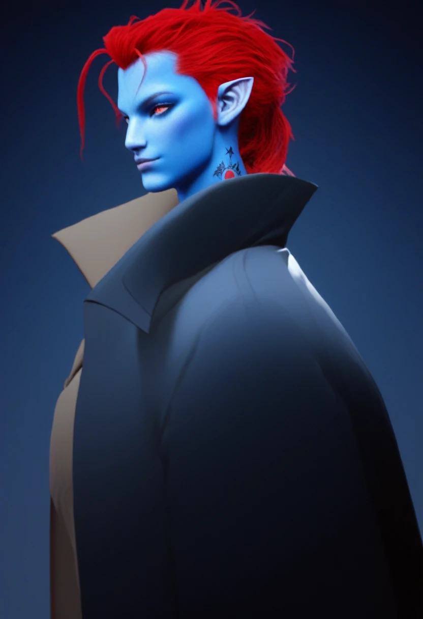 Oc,na’vi, a alien blue skin skinny buff femboy man wearing black trench-coat with a red mark on the bust,red hair,thick, in an 90’s style. He’s androgynous , fullbody,including some weapons and a sensual , cool expression.The scene has a cool,sweet,stargate/Bill Sienkiewicz style and a vibrant tone. Modern urban setting in the background.