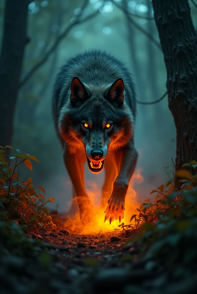 Wolf-like creature with powerful jaws and claws, exuding orange bioluminescent poison. strong claws. weird shaped mouth.
