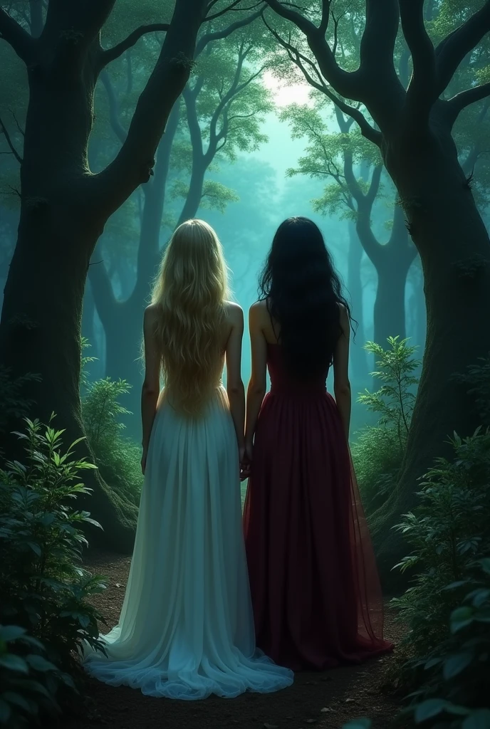 two adult girls with their backs turned, one with blonde hair the other with black hair, fuller and medium length, in the middle of a dark and suspenseful forest. The black-haired one is mysterious and wears a long burgundy dress, and the blonde has extremely long hair and wears a simple long white dress..