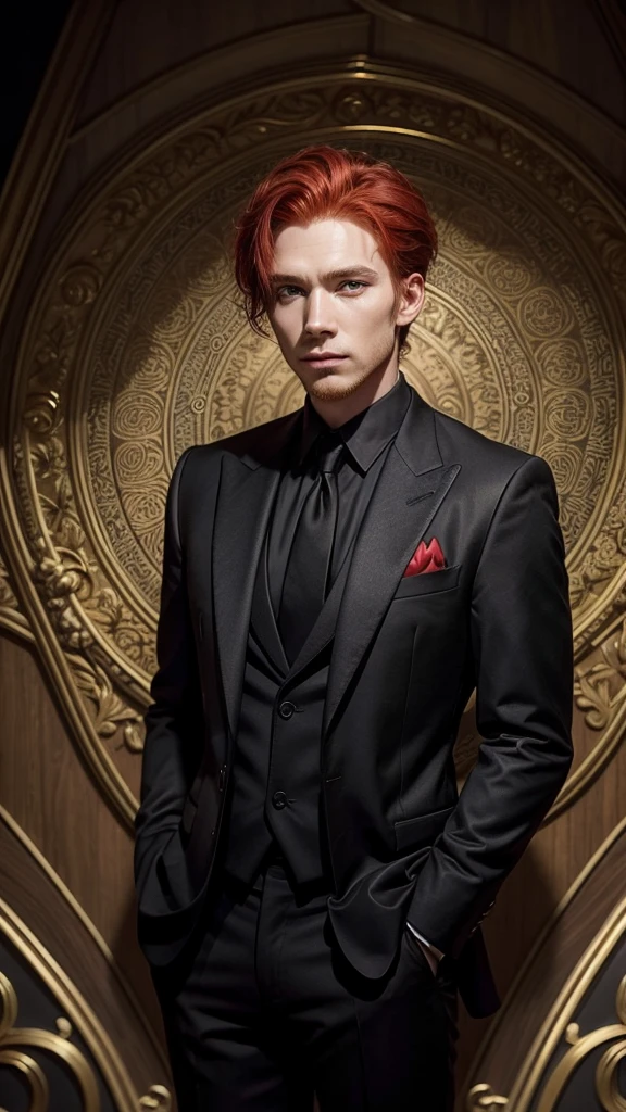 Red-haired man in a black suit with many golden designs