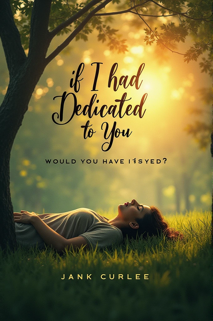 A book cover written “If I had Dedicated to You, Would you have stayed ?” with a sad vibe and a person lying on the grass with the letters on top 4:7