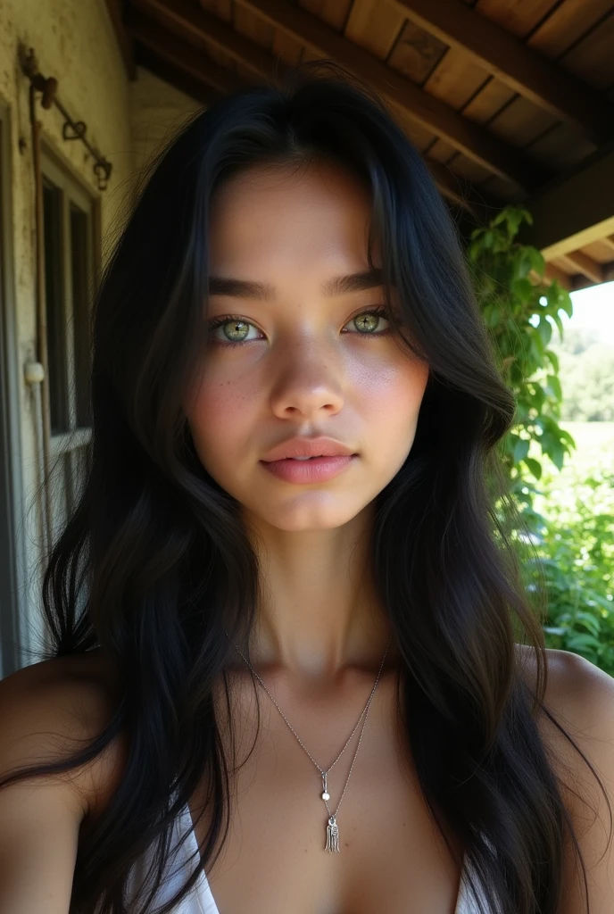 20 years Young woman , aesthetic appearance , oval face, green eyes, long black hair and white skin, selfie, she wears a silver necklace, selfie::5, rustic::3, josephine wall::4, roberto ferri::5