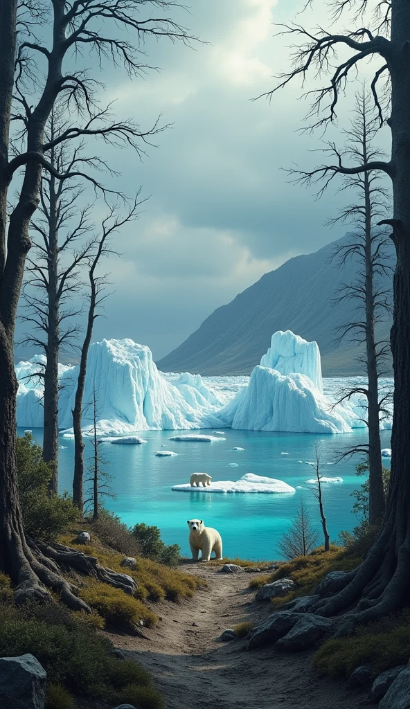 Design an image showing the impact of climate change on ecosystems, with Spanish text. The image should depict melting ice caps, a dying forest, and wildlife affected by climate change (like polar bears on shrinking ice).
