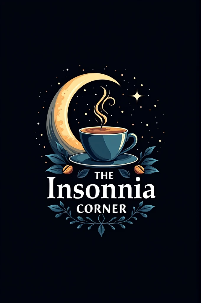 Give me a logo for a dark themed coffee shop named 'The Insomnia Corner' that has dark and moon elements.