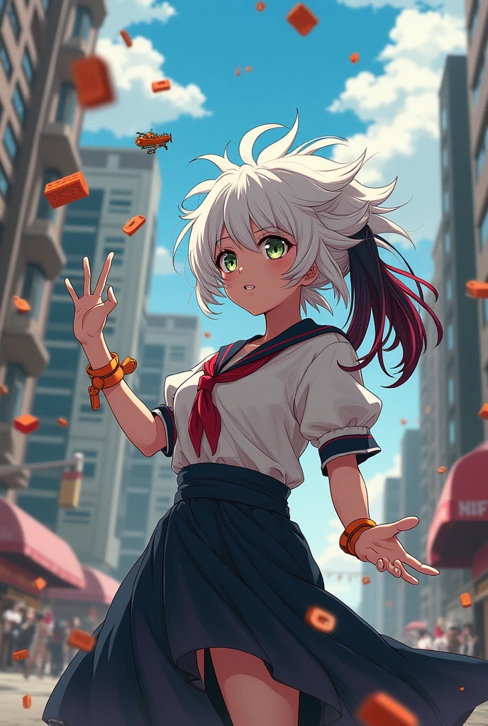 A white haired girl from the anime My Hero Academia with black hair with burgundy highlights, With almost wine-green eyes, Who has the power to manipulate objects, being able to launch, To levitate and knead