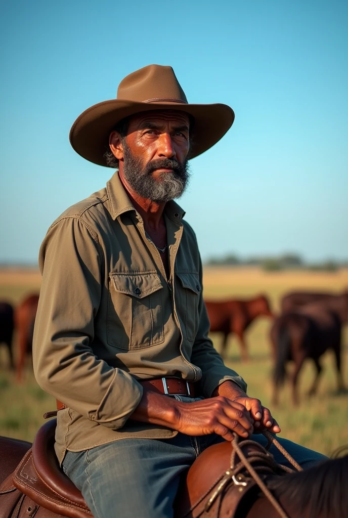 40-year-old strong Pantanal cattle herder, dark close-shaven beard, Brazilian caboclo, Light brown bun hair, sunburned skin, cowboy hat, mounted on horseback ,light eye, realisitic, farm and cattle background