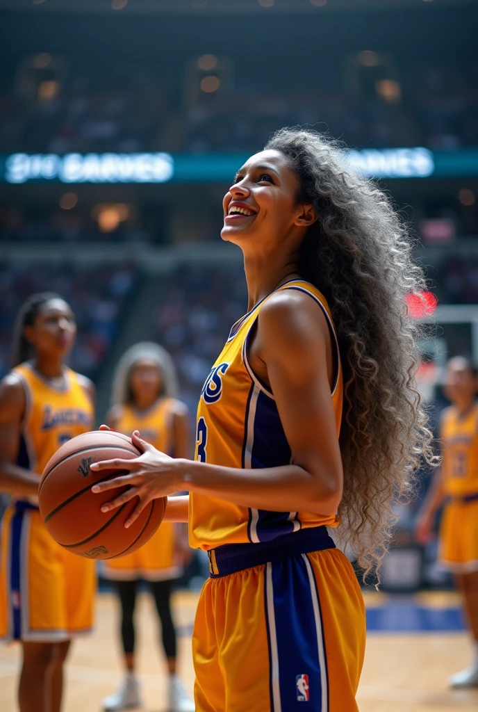 A beautiful youthful looking
American version of Ariana Grande as a 50 years old woman with very long hair completely gray hair in a long big curls styles as a retired
NBA player wearing her old NBA jersey shooting the ball in the basket in a nba stadium she is smiling for the camera in the background are younger male basketball player in their 20s and older female basketball who are also in their 50s with gray hair 