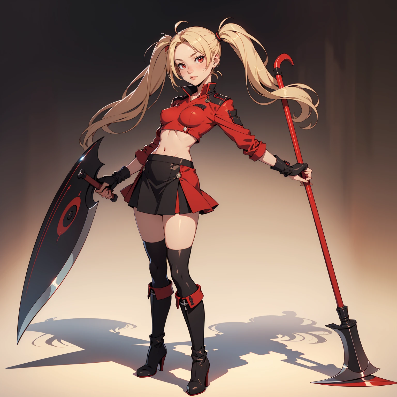 Very detailed, neutral facial expression, figure, full body view, small breasts, blonde hair with twintails, red eyes, looking at viewer, black and red uniform, skirt, black boots, holding scythe, sexy pose.