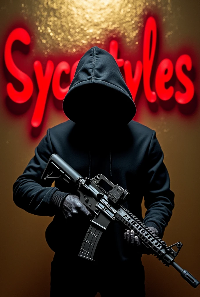 A Man in black hodi hidden face
with gun M16 and a word Sycostyles written in red
background with golden colour