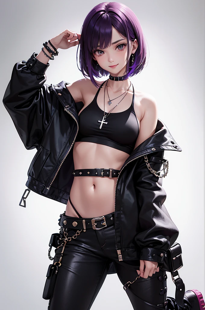 Best Quality,High resolution,8k,(plain white background, no patterns, no textures, just a plain white background:1.3),Masterpiece:1.2),beautiful girl,Shiny purple hair,(bob cut),Beautiful purple eyes,A teenage girl in a vibrant, oversized graphic tee or tank top featuring a bold cross design with punk rock elements, such as chains or studs. She is wearing high-waisted, slightly oversized long pants in a bright color or with a punk-inspired pattern, like plaid. Footwear includes chunky combat boots or high-top sneakers with metal accents. Accessories include a studded belt, a cross pendant necklace, and spiked bracelets,Gentle look,A refreshing look,smile,Best quality,Best Quality,Aesthetic and aesthetic:1.2,Best details((Super detailed))(High-definition CG illustrations),Slender body,smile,blush,cute,Scrounge,Looking up,Being spoiled,super model