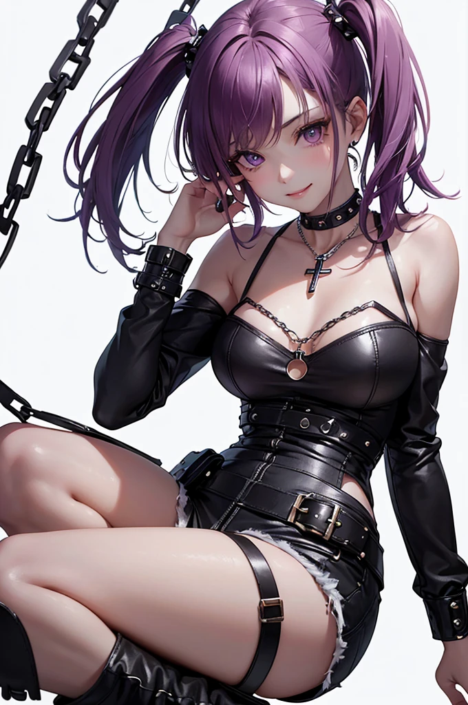 Best Quality,High resolution,8k,(plain white background, no patterns, no textures, just a plain white background:1.3),Masterpiece:1.2),beautiful girl,Shiny purple hair,(bob cut),Beautiful purple eyes,A age girl in a vibrant, oversized graphic tee or tank top featuring a bold cross design with punk rock elements, such as chains or studs. She is wearing high-waisted, slightly oversized long pants in a bright color or with a punk-inspired pattern, like plaid. Footwear includes chunky combat boots or high-top sneakers with metal accents. Accessories include a studded belt, a cross pendant necklace, and spiked bracelets,Gentle look,A refreshing look,smile,Best quality,Best Quality,Aesthetic and aesthetic:1.2,Best details((Super detailed))(High-definition CG illustrations),Slender body,smile,blush,cute,Scrounge,Looking up,Being spoiled,super model