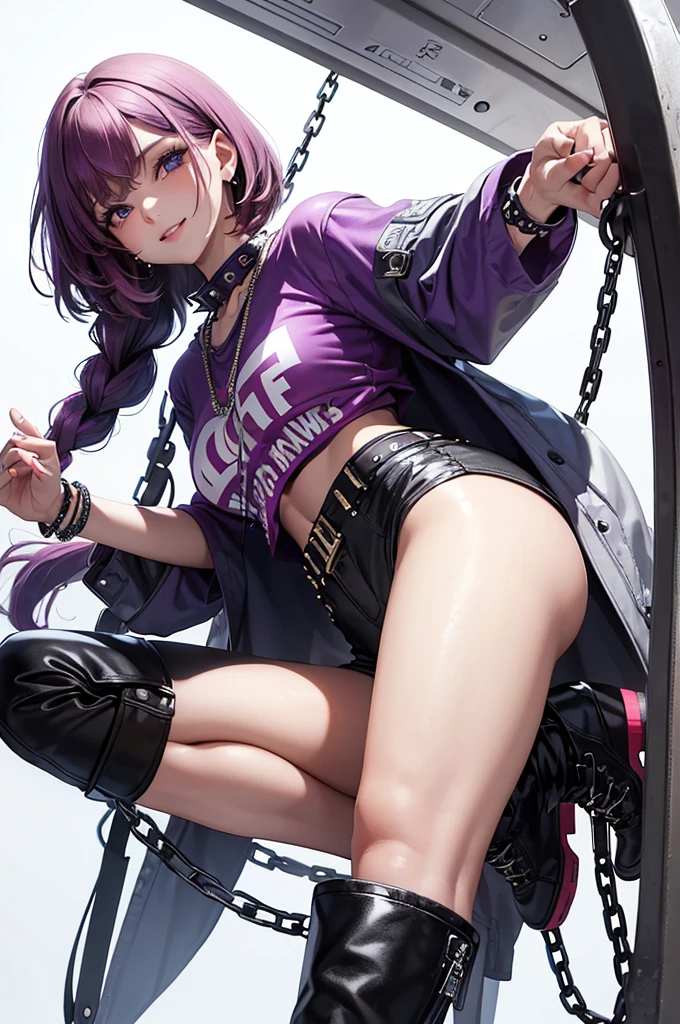 Best Quality,High resolution,8k,(plain white background, no patterns, no textures, just a plain white background:1.3),Masterpiece:1.2),beautiful girl,Shiny purple hair,(bob cut),Beautiful purple eyes,A age girl in a vibrant, oversized graphic tee or tank top featuring a bold cross design with punk rock elements, such as chains or studs. She is wearing high-waisted, slightly oversized long pants in a bright color or with a punk-inspired pattern, like plaid. Footwear includes chunky combat boots or high-top sneakers with metal accents. Accessories include a studded belt, a cross pendant necklace, and spiked bracelets,Gentle look,A refreshing look,smile,Best quality,Best Quality,Aesthetic and aesthetic:1.2,Best details((Super detailed))(High-definition CG illustrations),Slender body,smile,blush,cute,Scrounge,Looking up,Being spoiled,super model