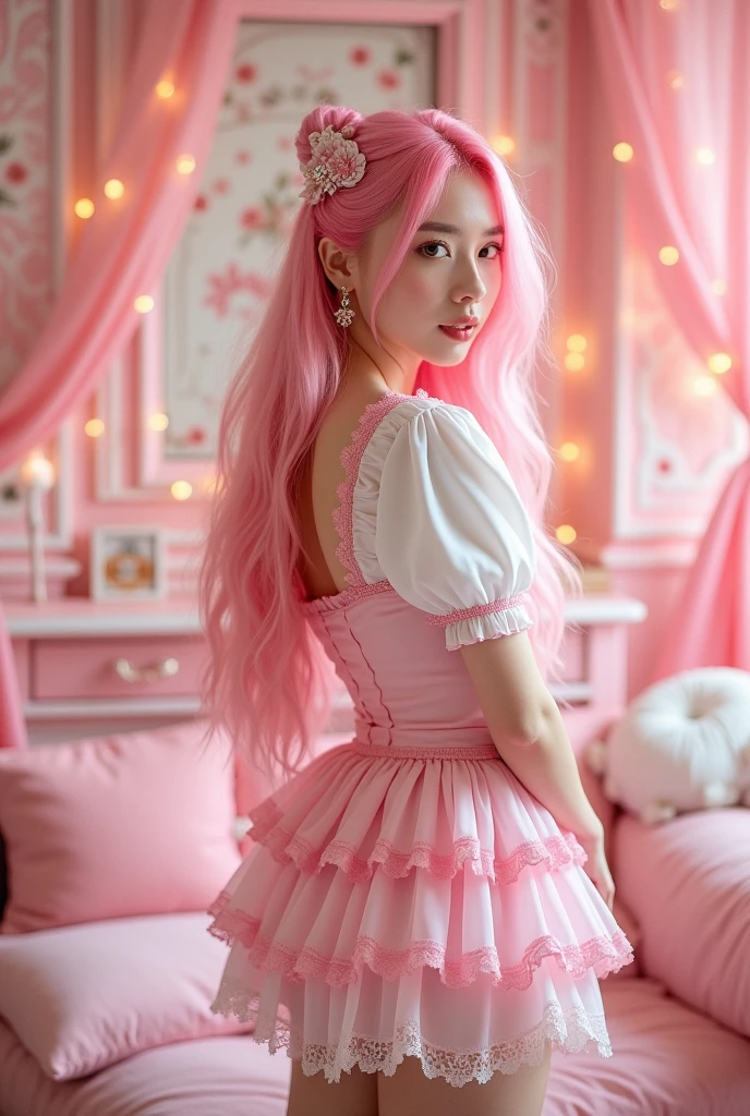 One woman。Pink hair long hair。Pink Room。Pink and white frilly outfit。