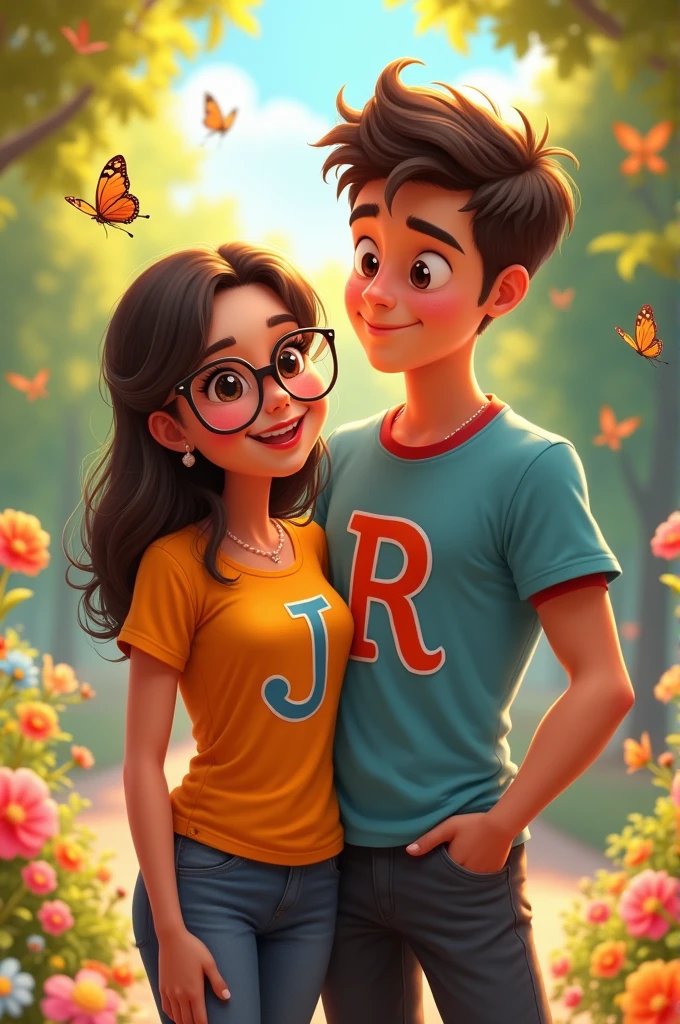 a couple, in animated format. That only the girl wears glasses and is shorter than the boy. that on the boy's shirt has the letter R and on the girl's shirt has the letter J