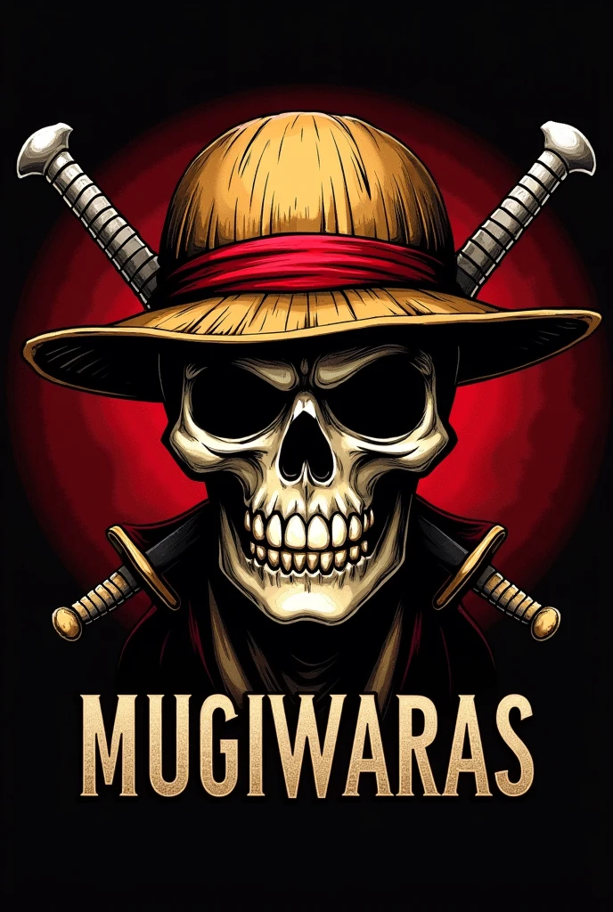 Logo gaming MUGIWARAS skull with Luffy's hat written MUGIWARAS below remove the hair and that bow tie make a scarier logo remove the cape leave only the skull with the swords crossed on the skull swords of Zoro put MUGIWARAS below leave the background only dark red 