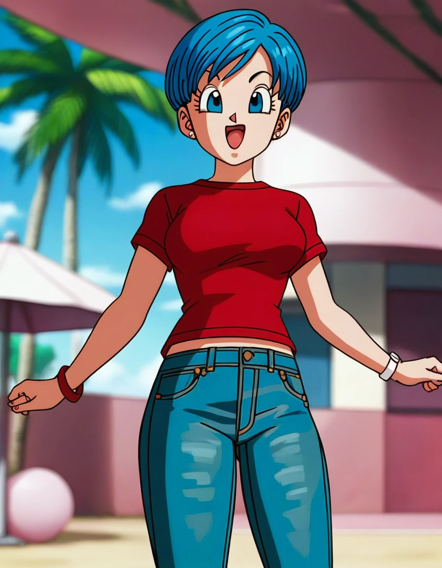 source_anime, score_9, score_8_up, score_7_up,  standing, 8k, absurd res, bulma, 1girl, solo, breasts, smile, short hair, bowl cut,  open mouth, blue eyes, jewelry, medium breasts, blue hair, ((wearing a red tshirt)), ((wearing jeans)). earrings, outdoors, sky, day, cloud, blurry, tree, blue sky, palm tree, official style, anime coloring, 