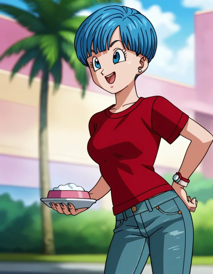 source_anime, score_9, score_8_up, score_7_up,  standing, 8k, absurd res, bulma, 1girl, solo, breasts, smile, short hair, bowl cut,  open mouth, blue eyes, jewelry, medium breasts, blue hair, ((wearing a red tshirt)), ((wearing jeans)). earrings, outdoors, sky, day, cloud, blurry, tree, blue sky, palm tree, official style, anime coloring, 