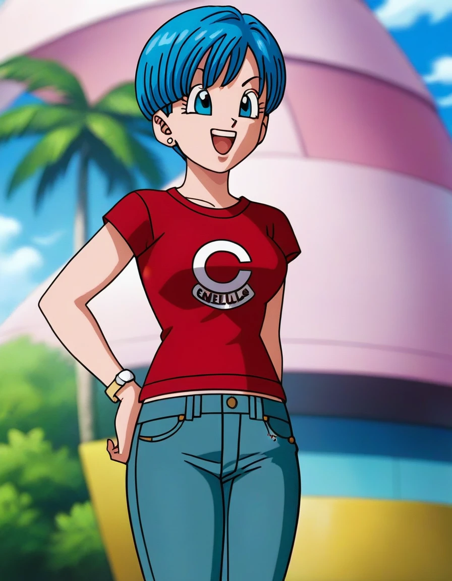 source_anime, score_9, score_8_up, score_7_up,  standing, 8k, absurd res, bulma, 1girl, solo, breasts, smile, short hair, bowl cut,  open mouth, blue eyes, jewelry, medium breasts, blue hair, ((wearing a red tshirt)), ((wearing jeans)). earrings, outdoors, sky, day, cloud, blurry, tree, blue sky, palm tree, official style, anime coloring, 