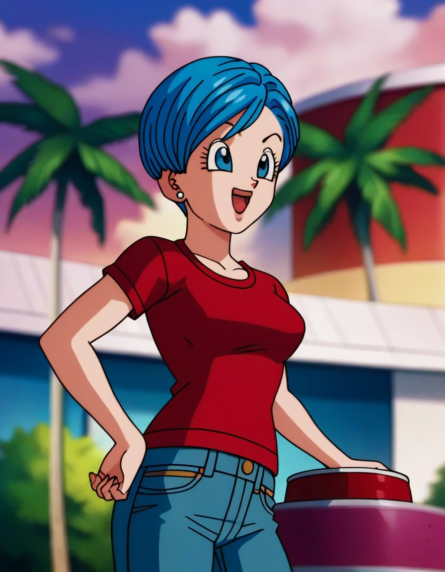 source_anime, score_9, score_8_up, score_7_up,  standing, 8k, absurd res, bulma, 1girl, solo, breasts, smile, short hair, bowl cut,  open mouth, blue eyes, jewelry, medium breasts, blue hair, ((wearing a red tshirt)), ((wearing jeans)). earrings, outdoors, sky, day, cloud, blurry, tree, blue sky, palm tree, official style, anime coloring, 