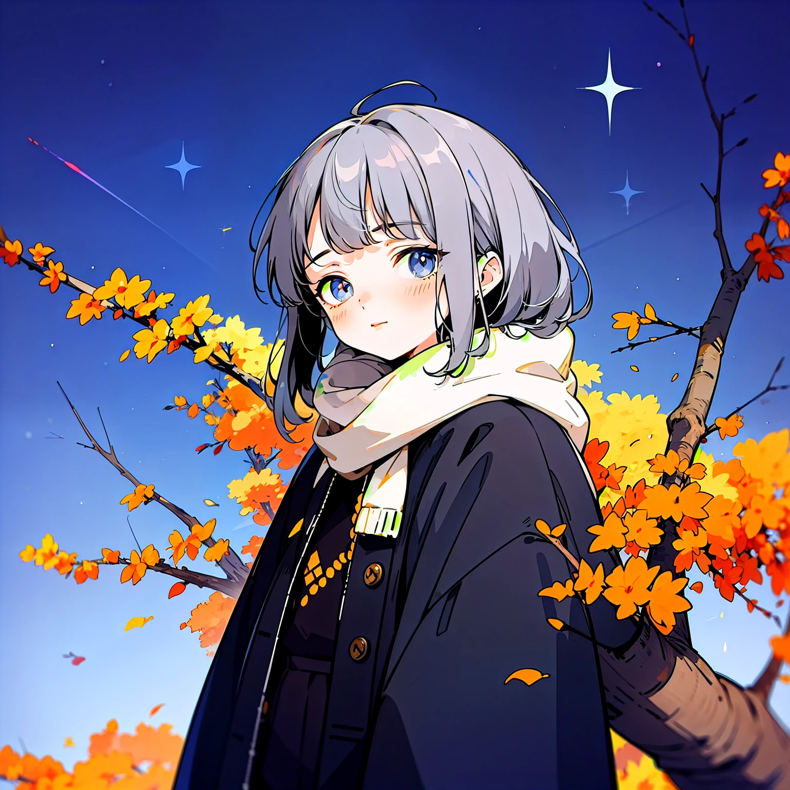 The background is the city, perfect Gray-haired girl, Lori, Gray-haired, Gray-haired god, Cute anime waifu in beautiful clothes, Gray-haired, Best anime 4k konachan wallpaper, Small curve, Pixiv ArtStation の guvez, Gray-haired girl, Nightcore, Standing on a tree, Look up at the stars, The face is very detailed