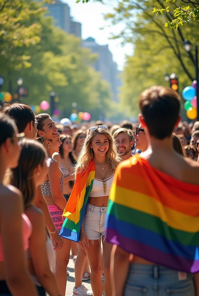 People hitting other people with an lgbt flag on their shoulder
