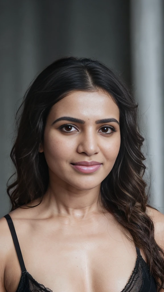  Top down view, A photograph of beautiful samantha ruth prabhu showing her half body, ((messy long free black hair)), long free flowing hair,sunlight, ((lingerie)),clear forehead, capturing a home-made photo from bedroom,biting her lips sexily, looking up into camera, She looks into the camera with black pupil eyes, Background is a messy middle class bedroom,half body seen, realistic, Soft, cool light filter, casting a golden glow on her face, average size,((clear forehead)), ((untoned abs)), half body, tongue out

Camera Settings:
Type of Photography: Selfie, Gear: Samsung Galaxy S21, Settings: f/11, ISO 100, 1/50 sec.