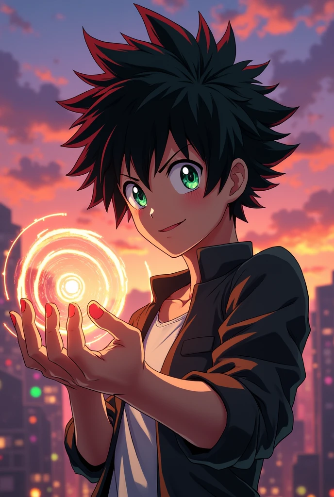 A white My Hero Academia figure with black hair and wine-colored streaks, With almost wine-green eyes, Who has the power to manipulate objects, being able to launch, To levitate and knead