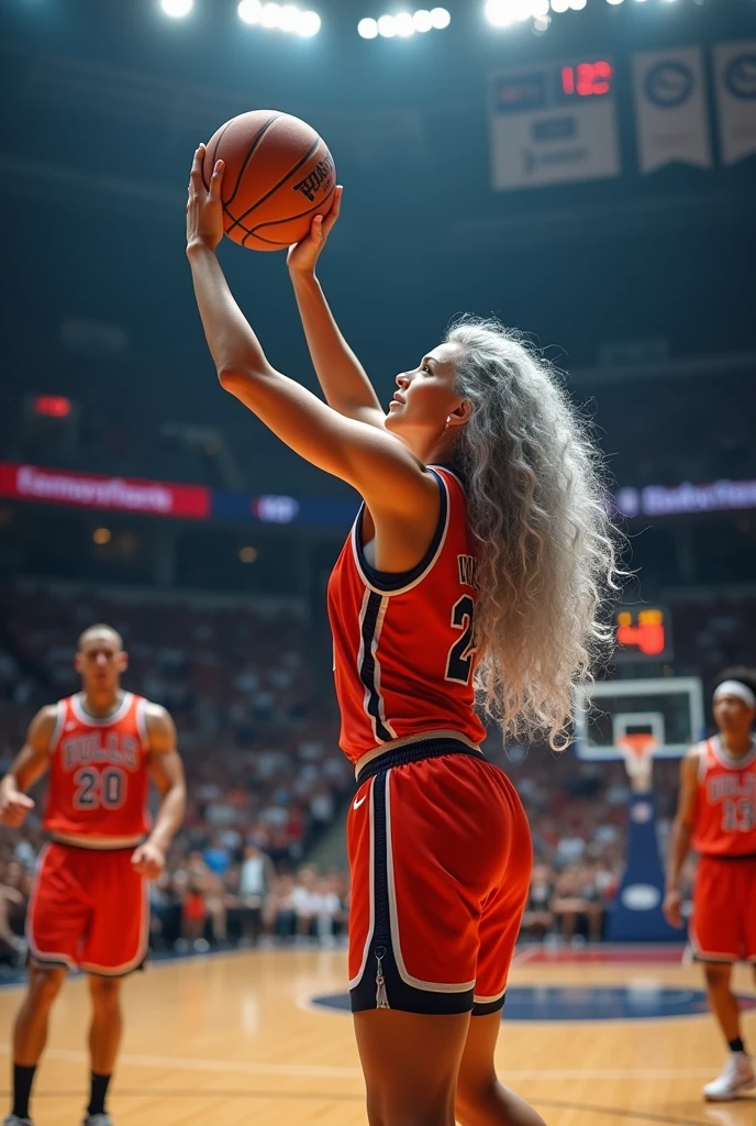 A beautiful youthful looking
American version of Ariana Grande as a 50 years old woman with very long hair completely gray hair in a long big curls styles as a retired
NBA player wearing her old NBA jersey shooting the ball in the basket in a nba stadium she is smiling for the camera in the background are younger male basketball player in their 20s with Black hair and older female basketball who are also in their 50s with gray hair