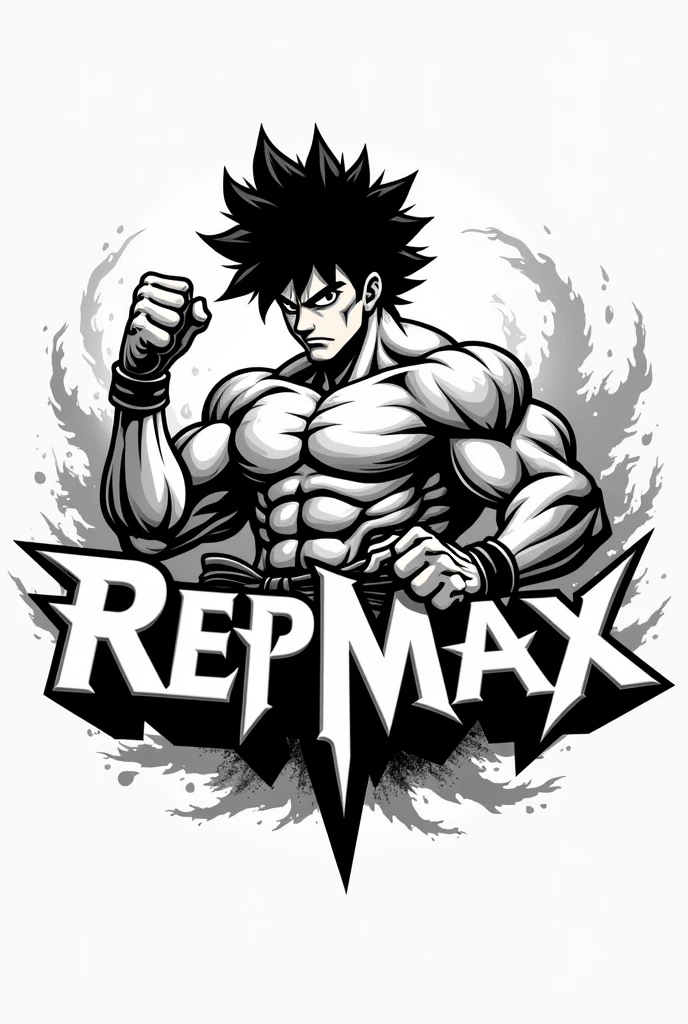 Logo with the character from the anime Baki Hanma and the word RepMax in black and white colors