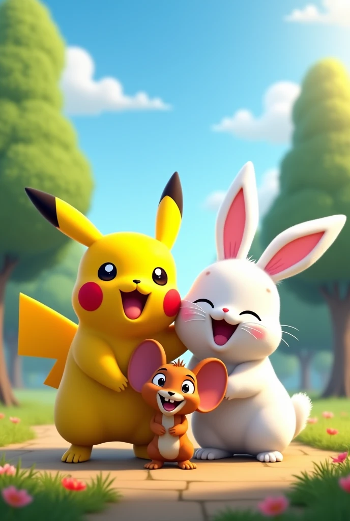 Pikachu from Pokemon and
Snowball form secret of pets life.
And Jerry as 3 are best friends and smiling with Each other