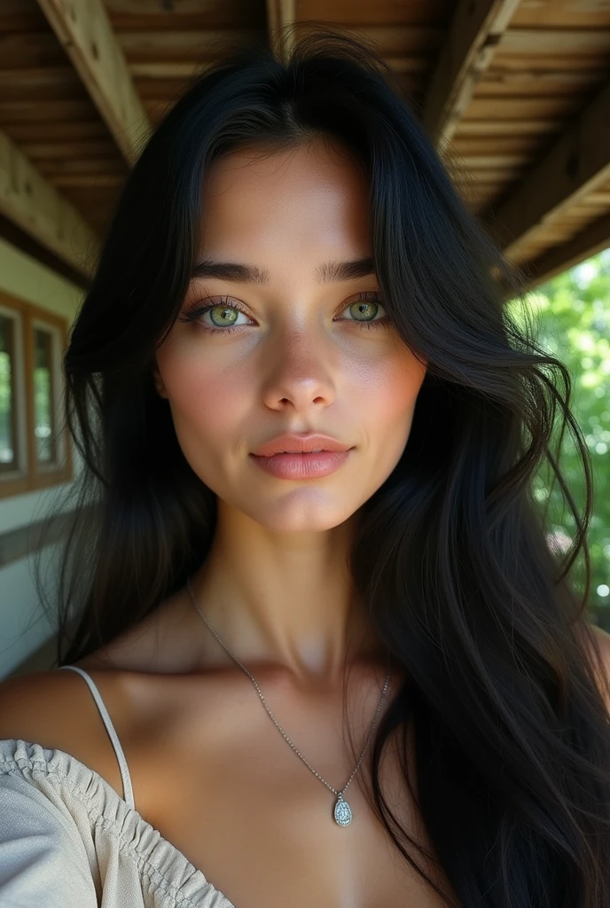 20 years Young woman , aesthetic appearance , oval face, green eyes, long black hair and white skin::5, selfie, she wears a silver necklace, selfie::5, rustic::3, by josephine wall::4, by roberto ferri::5