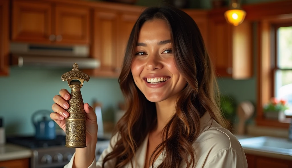 Create a woman with a tooth holding a bottle opener