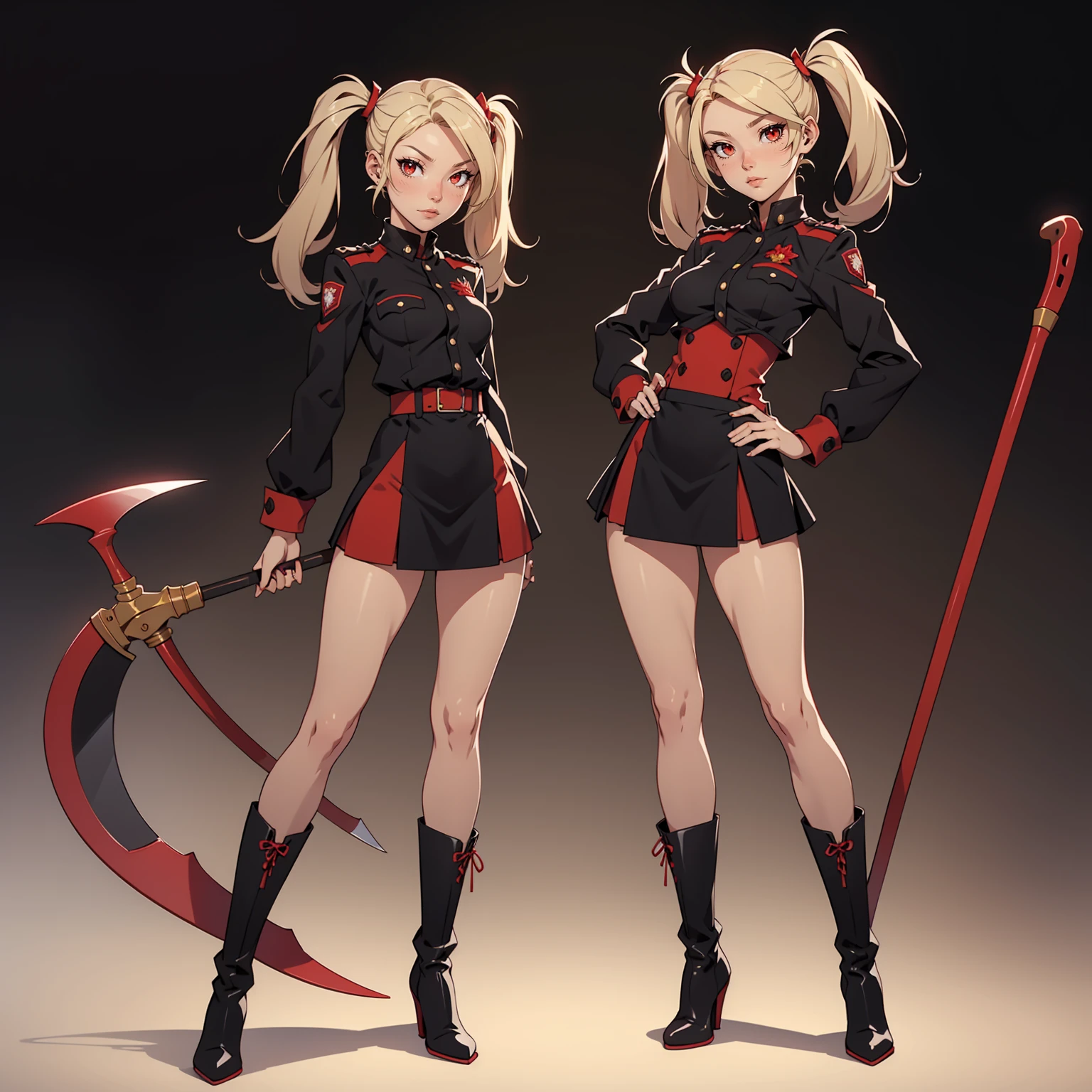 Very detailed, neutral facial expression, figure, full body view, small breasts, blonde hair with twintails, red eyes, looking at viewer, black and red uniform, skirt, black boots, holding scythe, sexy pose.