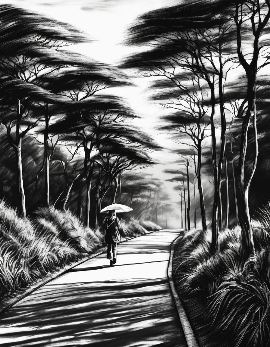 black and white drawing freehand style, 2 steps walking on a road