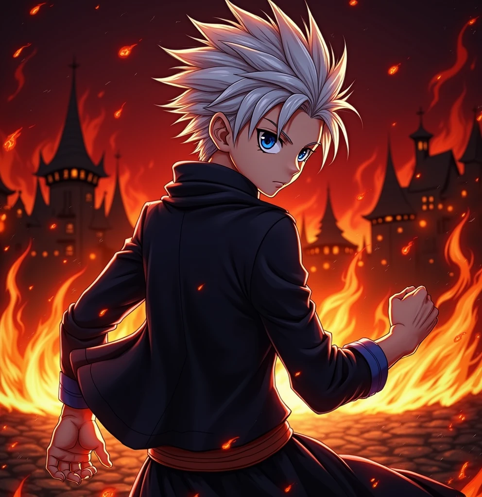 1 boy, teenager, short white hair and blue eyes solo, boy, clothes in orange and blue colors, anatomically perfect body, illustration from the anime Fairy Tail, background of a village in blue flames