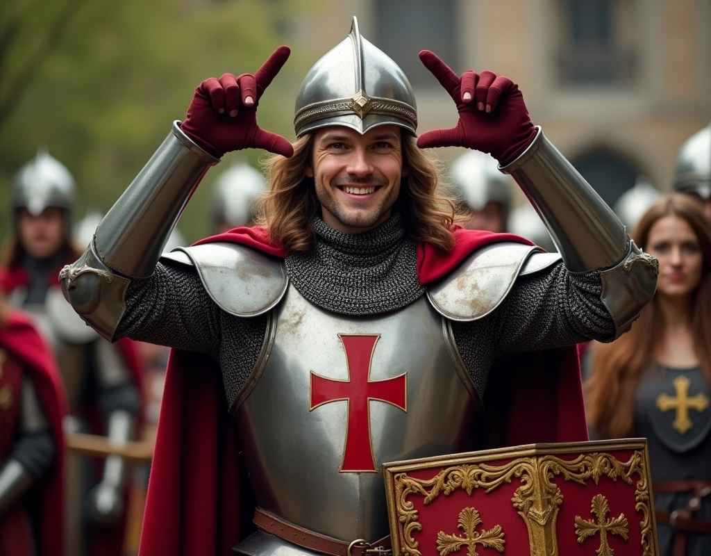 commemorative film , finger at With both hands make heart sign, ((camera shoot  ,camera staff, dresser, cinema Boss)),  12th century, One of the Teutonic Knights, (English man, 30 age-old, brown  hair, long hair, beard, mustache, big smile), Cover the whole body in armor,  The handle is cross-shaped, It is decorated, no sword, ((He wears a cloak with a red cross on his chest)),  Accurate,  ((Anatomically correct,Surrealism, uhd, retina, accurate, anatomically correct, textured skin, super detail, high details, best quality, 8k))