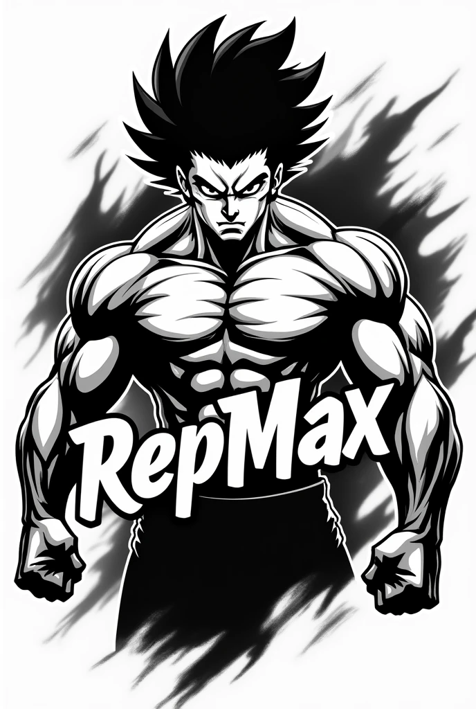 Logo with the character from the anime Baki Hanma and the word RepMax in black and white colors
