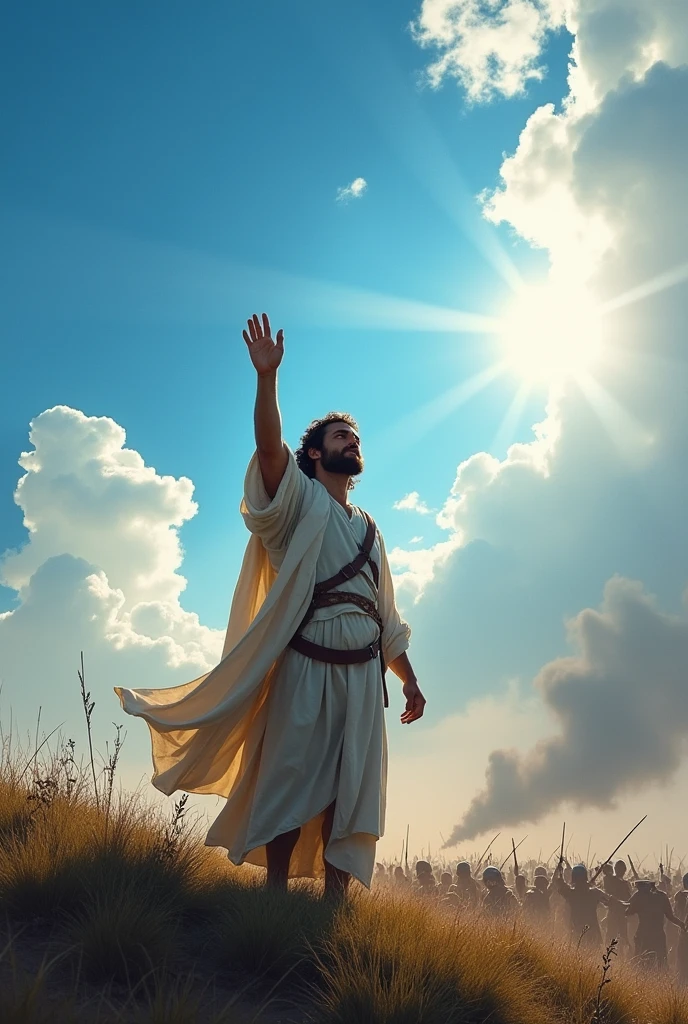 Show Joshua looking up at the sky with determination. he's on a hill, with the army in the background in battle, and he is holding up his hand with 5 fingers, praying. The sun is shining brightly above him." In the image it is possible to see the bright sun

