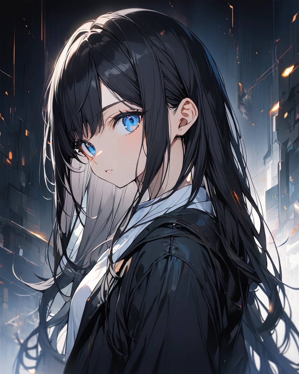1 female, black hair, Long hair, blue eyes, Side view of face, White shirt, black jacket, looking at the viewer, foreground