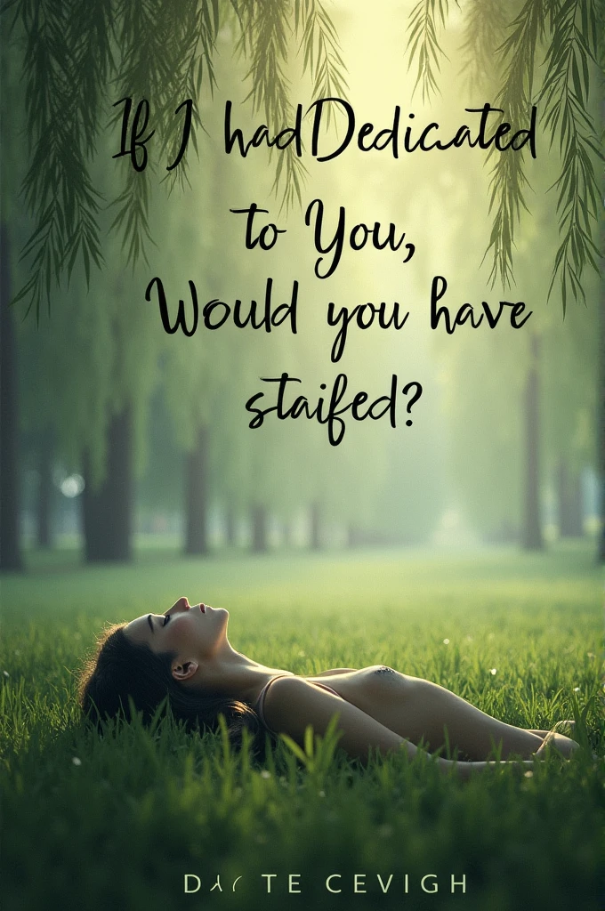 A book cover written “If I had Dedicated to You, Would you have stayed ?” with a sad vibe and a person lying on the grass with the letters on top 4:7