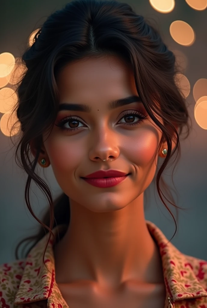 naked,big , night bokeh effect background, perfect pink eyes, fantastic face, Indian, beautiful look, ((red lips, bright eyes, curve heir 1.5)), ((beautiful details body)), A glorious gorgeous, glorious gorgeous face, pretty face, bright eyes, detailed elegant printed shirt, updo elegant hair, blurred gray tones background, ultra focus, face ilumined, face detailed, 8k resolution, painted, dry brush, brush strokes,
