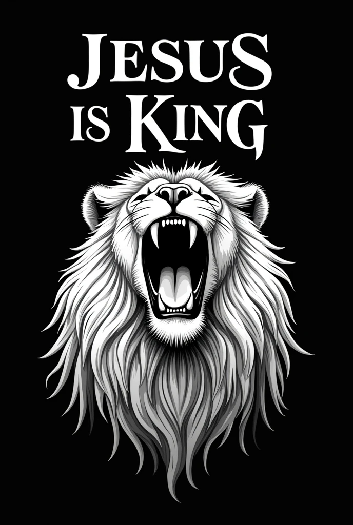 A black and white image with a black background
of a lion with capital letters that say Jesus is king. I want the image to not look too pixelated, I want something natural.
