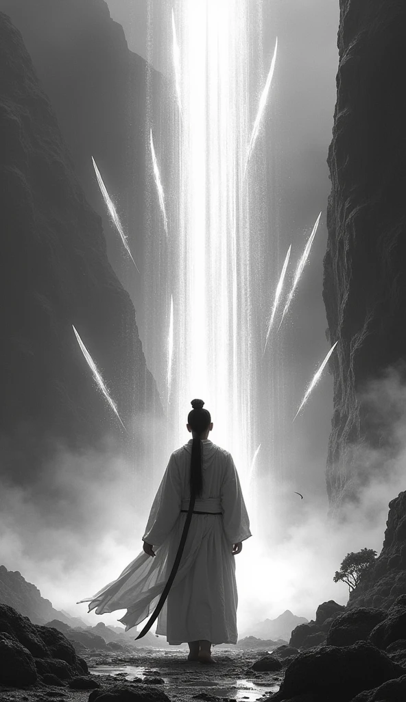 ((masterpiece))，(最high quality))，Vision，ambient lightning，Sword Rain，Young Taoist monk，Infinite Sword System，Glow effect，Ultra-realistic，Ultra-photorealism，Chinese black and white ink style，Black and White，Decolorization，Dirt，ink，8k，Ultra-fine，high quality