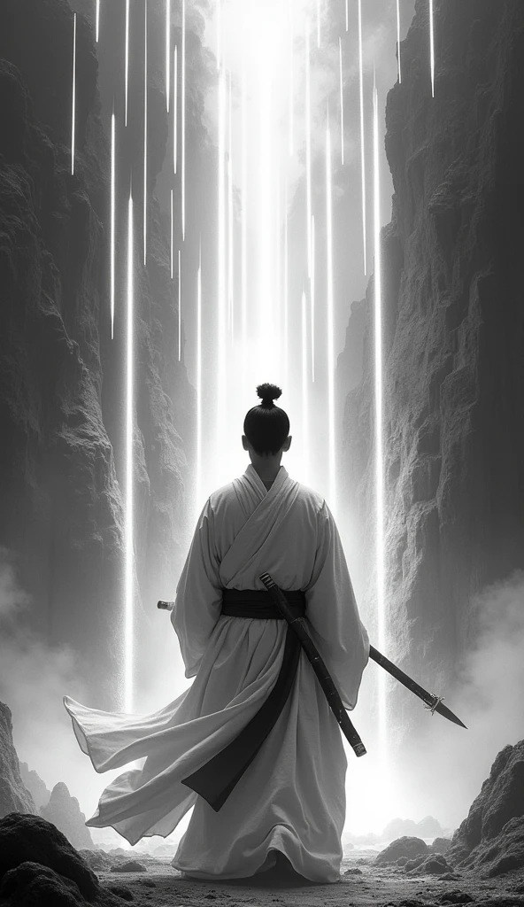 ((masterpiece)),(最high quality)),Vision,ambient lightning,Sword Rain,Young Taoist monk,Infinite Sword System,Glow effect,Ultra-realistic,Ultra-photorealism,Chinese black and white ink style,Black and White,Decolorization,Dirt,ink,8k,Ultra-fine,high quality