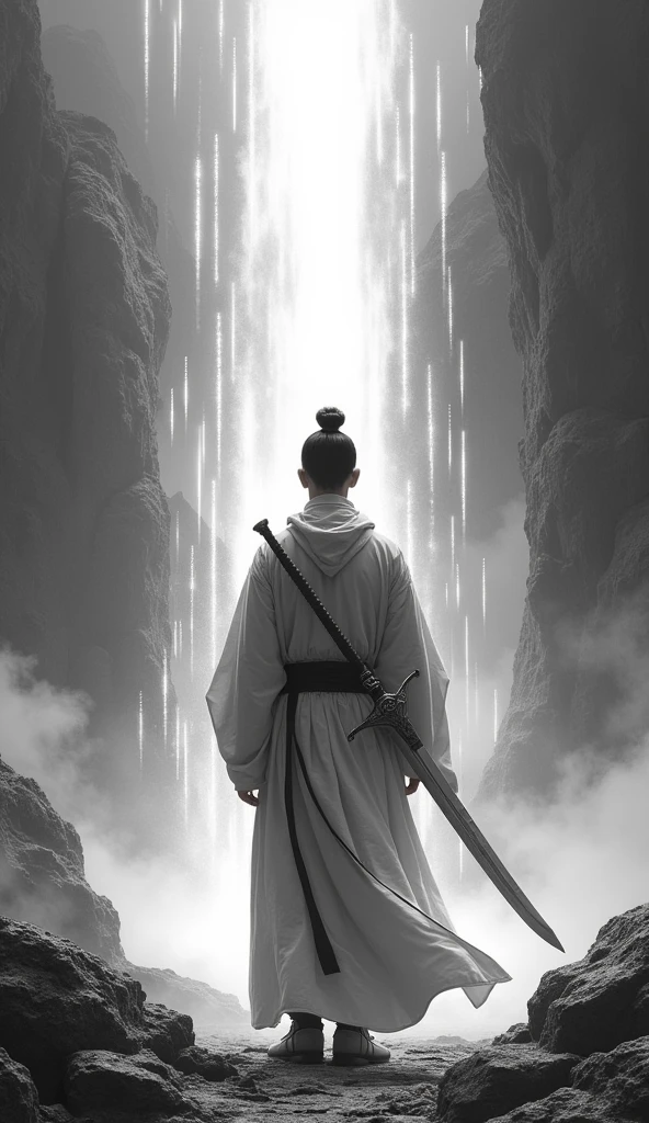 ((masterpiece))，(最high quality))，Vision，ambient lightning，Sword Rain，Young Taoist monk，Infinite Sword System，Glow effect，Ultra-realistic，Ultra-photorealism，Chinese black and white ink style，Black and White，Decolorization，Dirt，ink，8k，Ultra-fine，high quality
