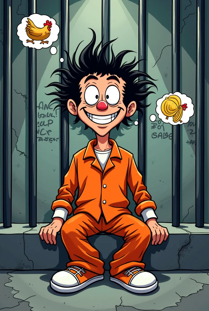 A cartoon funny prisoner on death row in american prison, with orange  clothes uniform